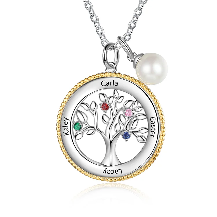 Personalized Family Tree Necklace Custom 4 Birthstones with Pearl Necklace for Her