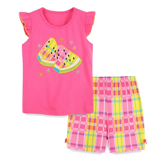 【18M-7Y】Girls' Cute Cartoon Embroidered Watermelon T-Shirt + Shorts 2-Piece Set