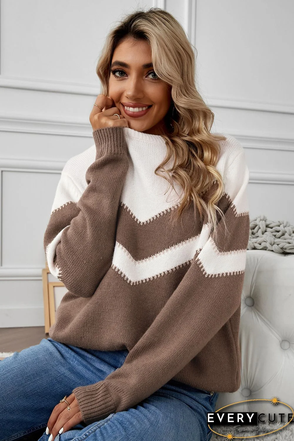 Khaki Chevron Colorblock Crew Neck Sweater