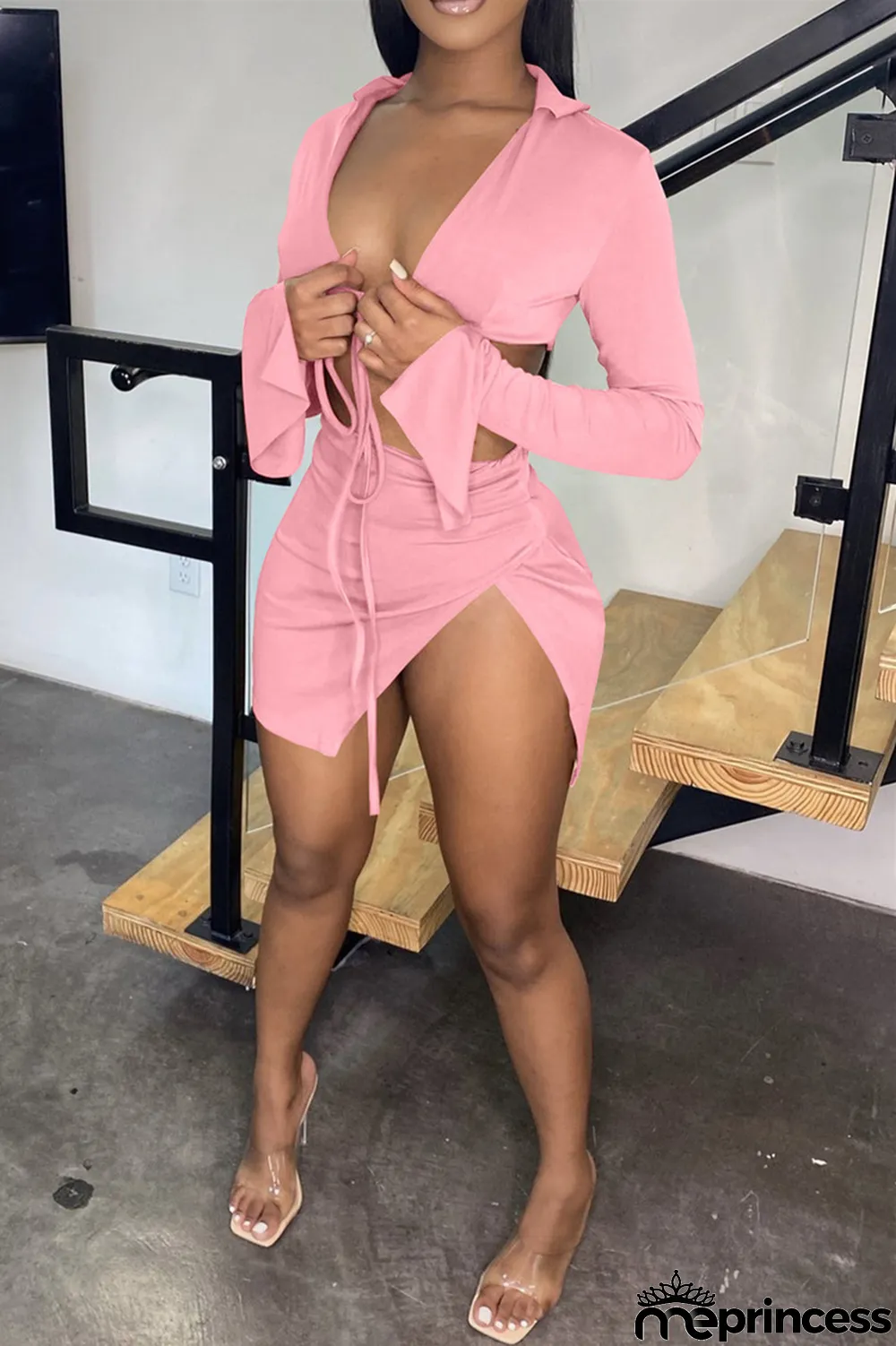 Black Sexy Casual Solid Bandage Slit V Neck Long Sleeve Two Pieces