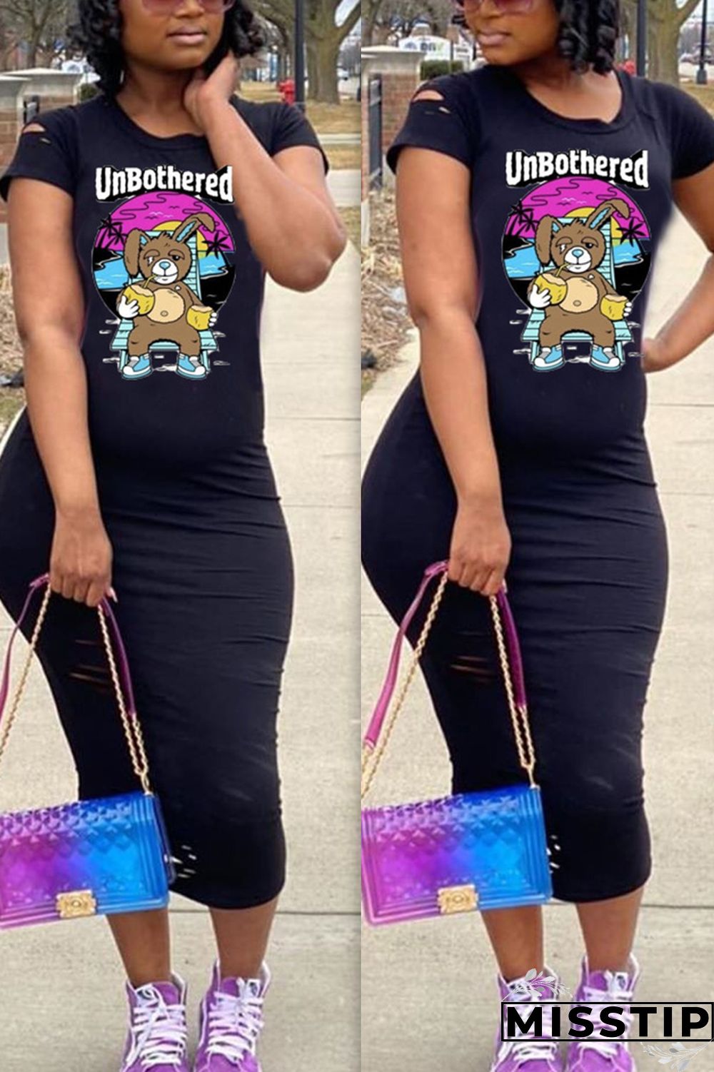 Yellow Fashion Cartoon Print Short Sleeve Dress