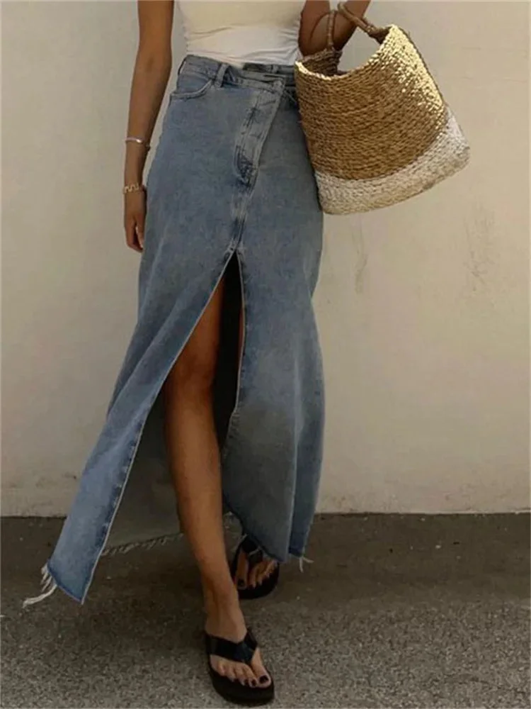 Oocharger 2024 New Casual High Waist Denim Skirts Women Spilt Out Maxi Jean Skirt Summer Holiday Long Skirts