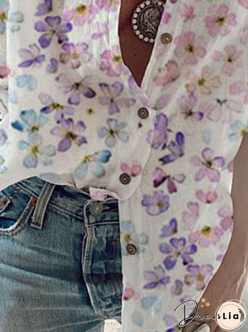 Long Sleeve V Neck Printed Casual Blouse