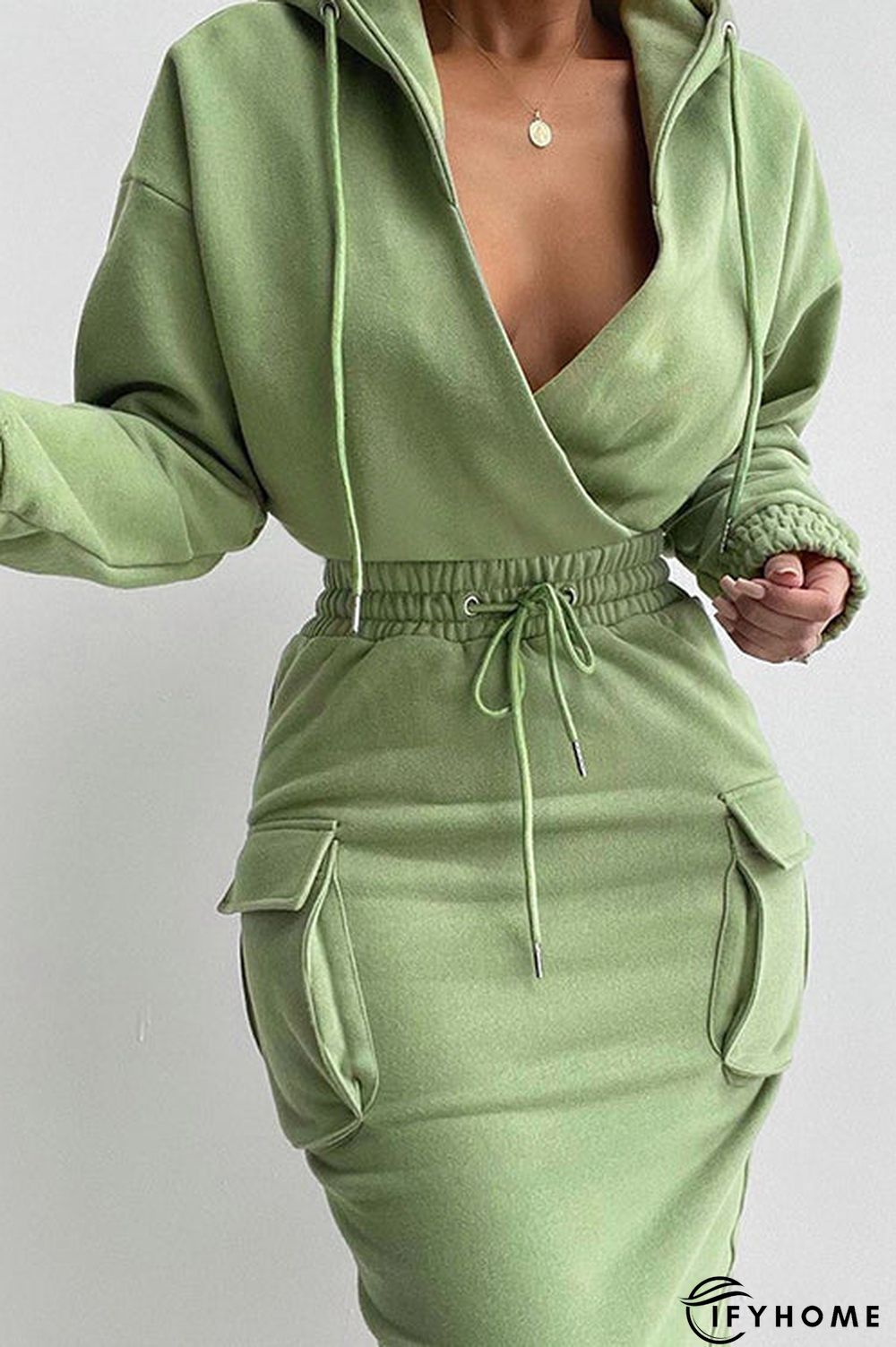 Pockets Drawstring V Neck Hooded Dress | IFYHOME