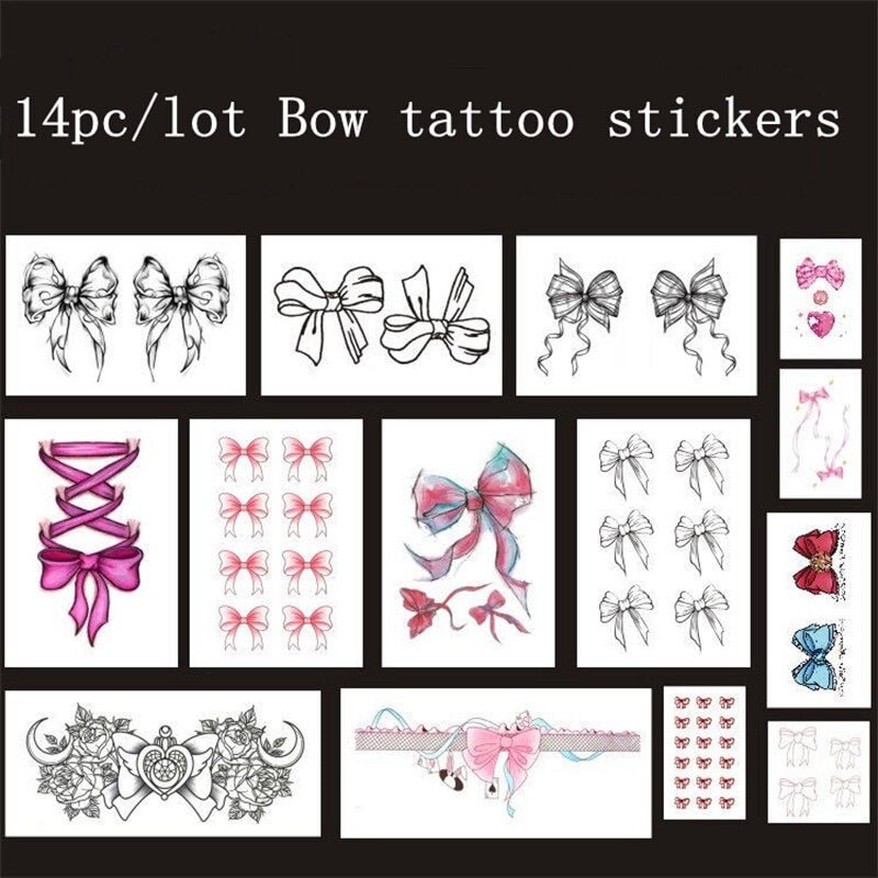 14pc/Lot Cartoon Bow Temporary Tattoo Stickers Female Waterproof Cute Sexy Art Fake Tattoo Finger Back Flower Arm Tattoo Sticker