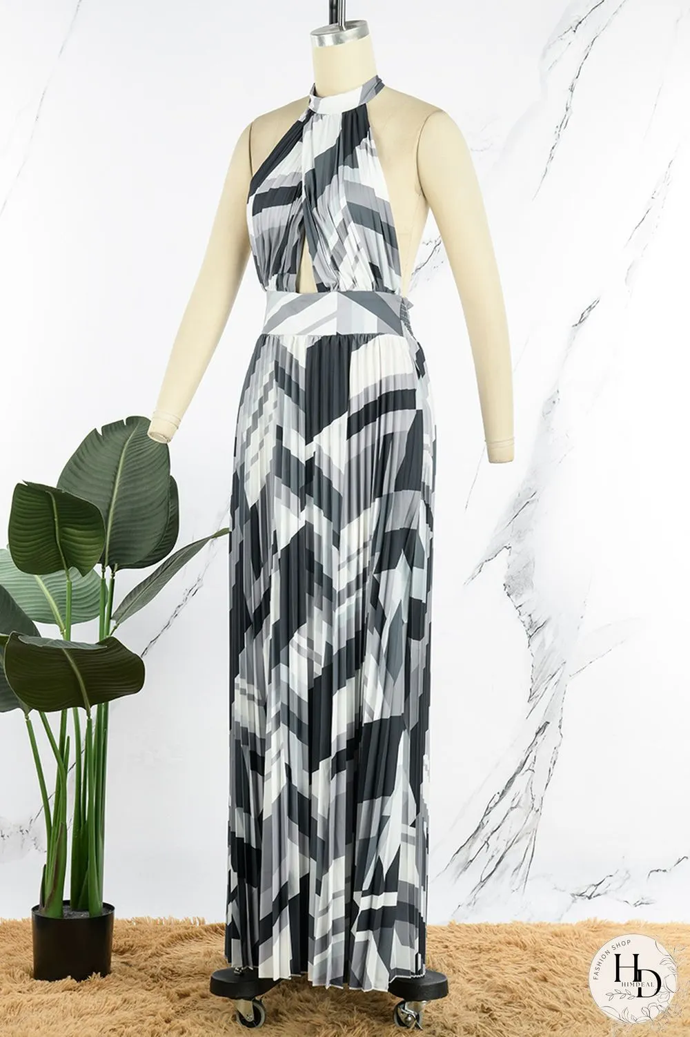 Black Sexy Print Patchwork Backless Fold Halter A Line Dresses