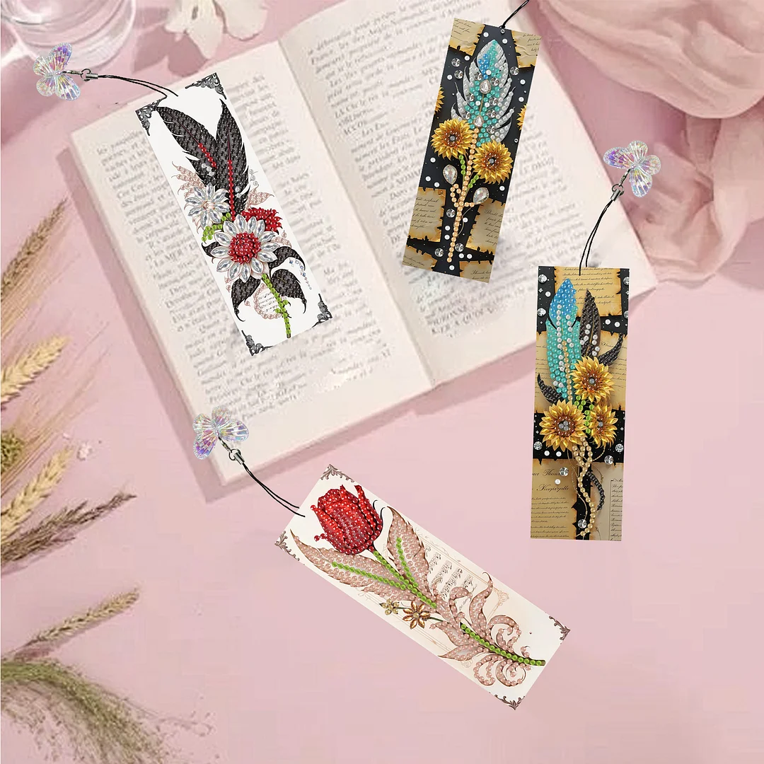 12Pcs Feathers Flowers DIY Diamond Art Painting Bookmark for Reading Enthusiasts