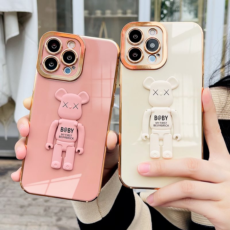 Fashion Chic 3D Foldable Bear Kickstand Electroplated Case for iPhone