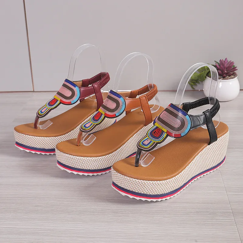 Breakj Thick Bottom Slope With Slippers Women's 2025 New Bohemian Wind Pin Tight Flip-Flops