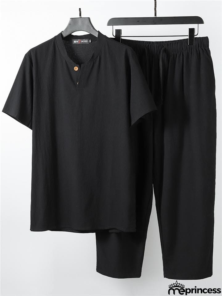 Solid Color Lightweight 2-Piece Outfit Button T-Shirt + Drawstring Waistband Cropped Pants