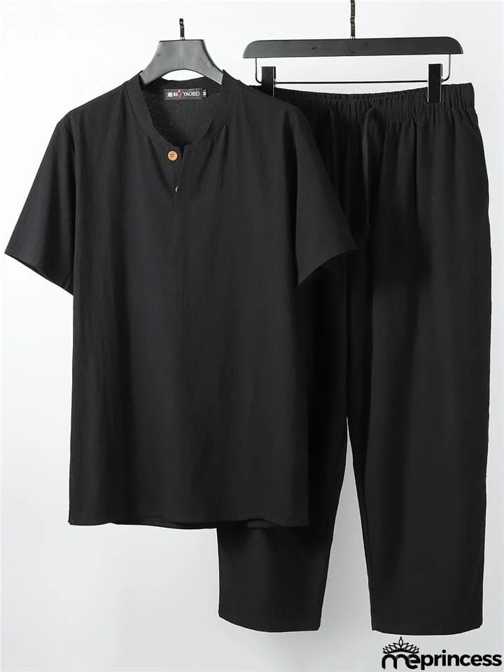 Solid Color Lightweight 2-Piece Outfit Button T-Shirt + Drawstring Waistband Cropped Pants