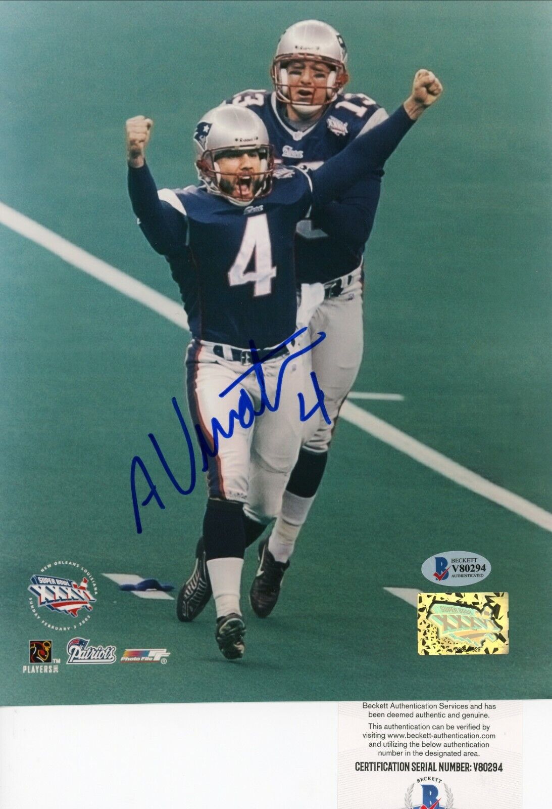 Adam Vinatieri New England Patriots Signed Autographed 8x10 Glossy Photo Poster painting Beckett