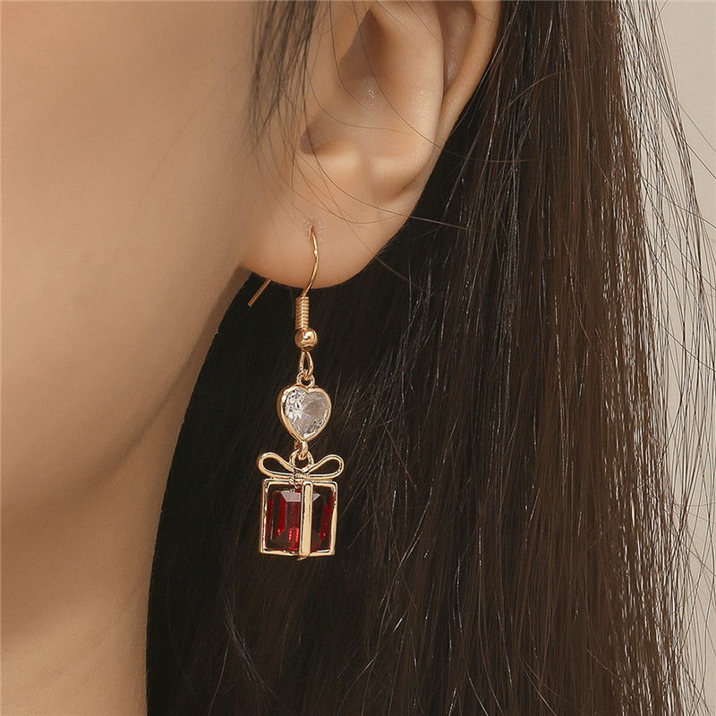 Christmas Red Gift Box Heart-Shaped Crystal Earrings