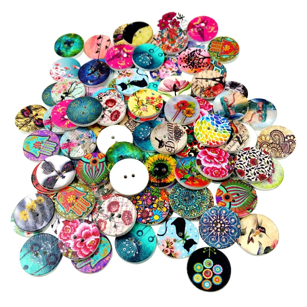 100 Pieces 20 mm Wood Sewing Buttons 2 Holes Decorative Painted Buttons for Clothing Scrapbooking Decoration