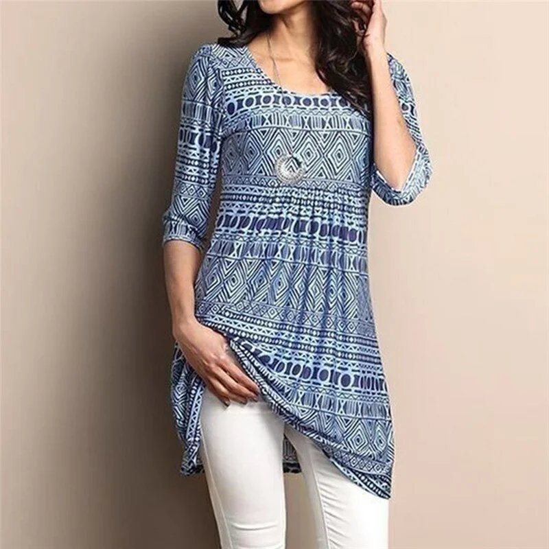 Women Fashion Tops Bohemian Three Quarter Sleeve Paisley Floral Print O-neck Muti Colors Loose Female Long Tops Plus Size