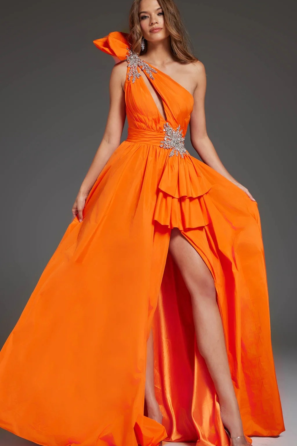 Ovlias Fashion One shoulder Rhinestone Split Sleeveless Prom Dress LY0742