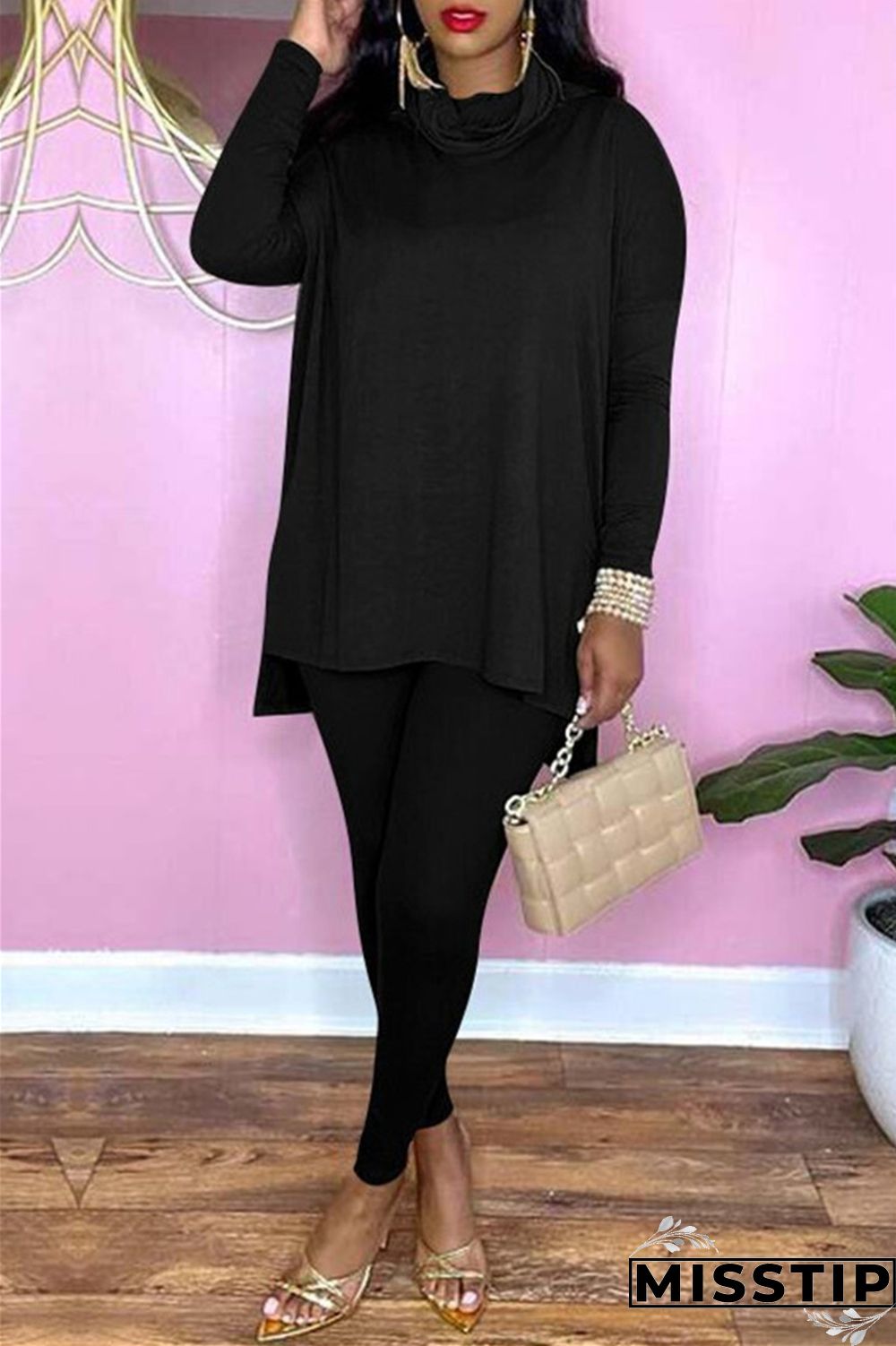 Black Fashion Casual Solid Basic Turtleneck Long Sleeve Two Pieces
