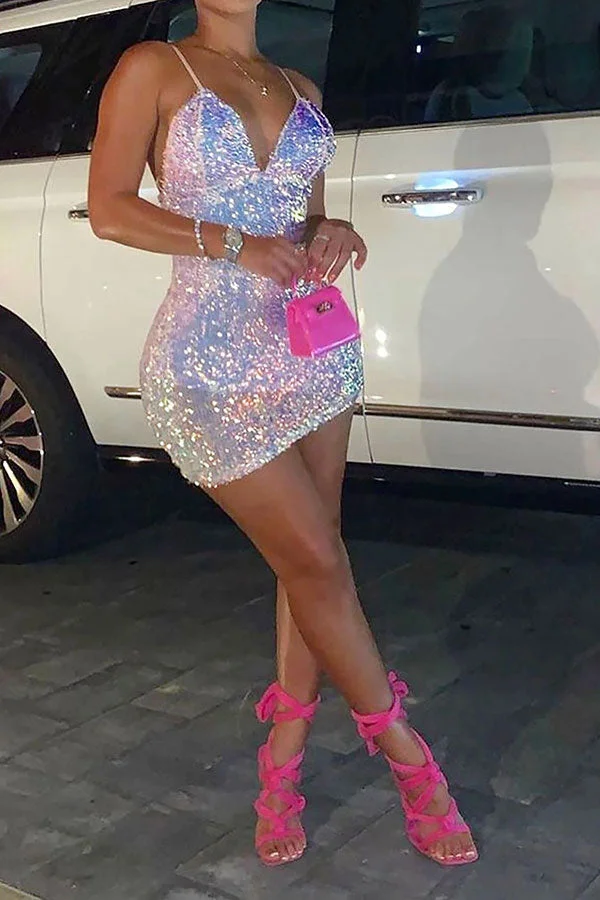 Sequined Striking V Neck Mini Dress