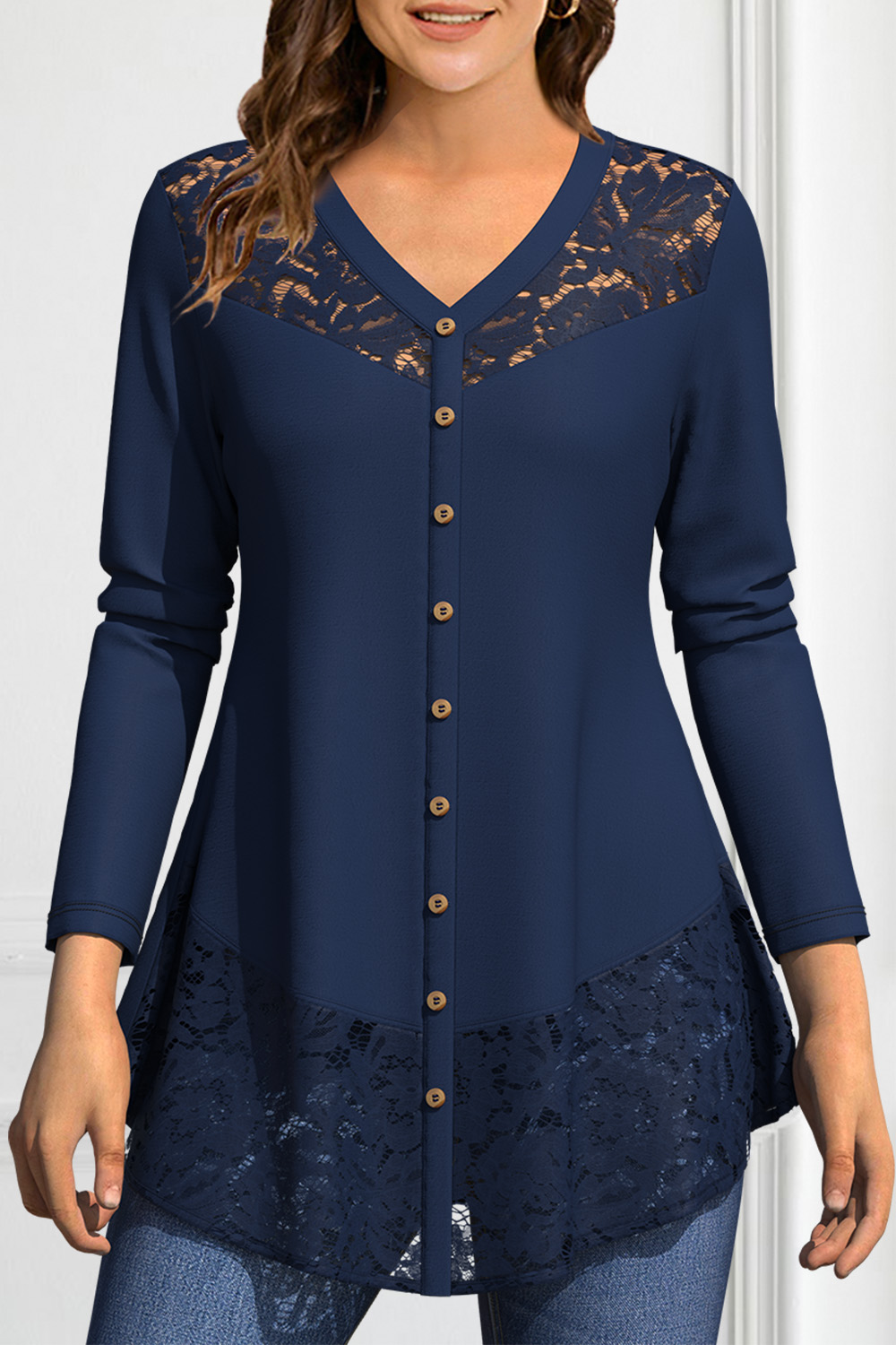 Flycurvy Plus Size Casual Blue Lace Stitching Decorative Button Blouse