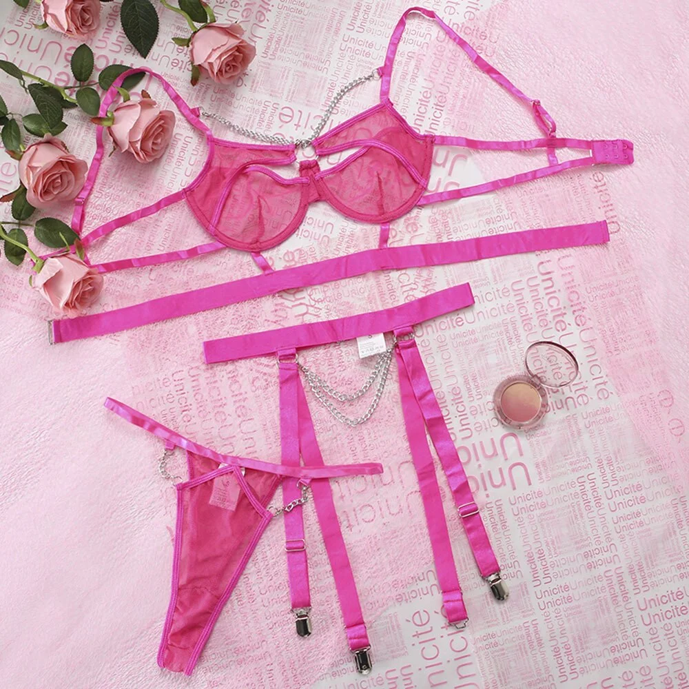 MIRABELLE Sensual Lingerie With Chain Sexy Hollow Out Bra See Through Lace Underwear Thong Set Woman 3 Pieces Exotic Sets
