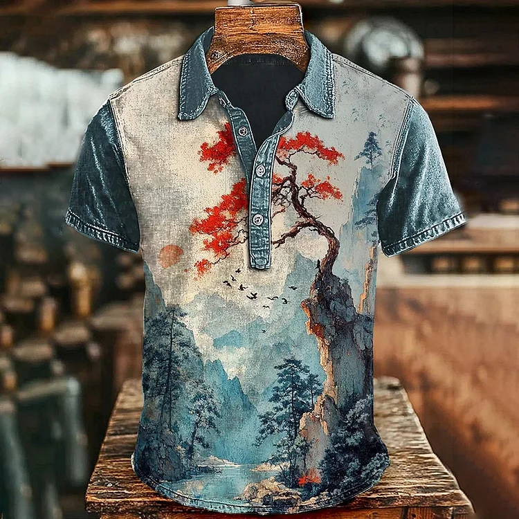 Men's Retro Japanese Scenery Landscape Casual Printed Short Sleeve Polo Shirt