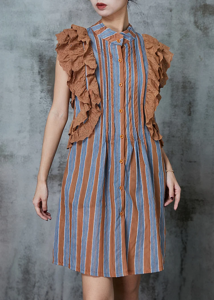 Chic Khaki Striped Patchwork Ruffles Cotton Mini Dress Sleeveless