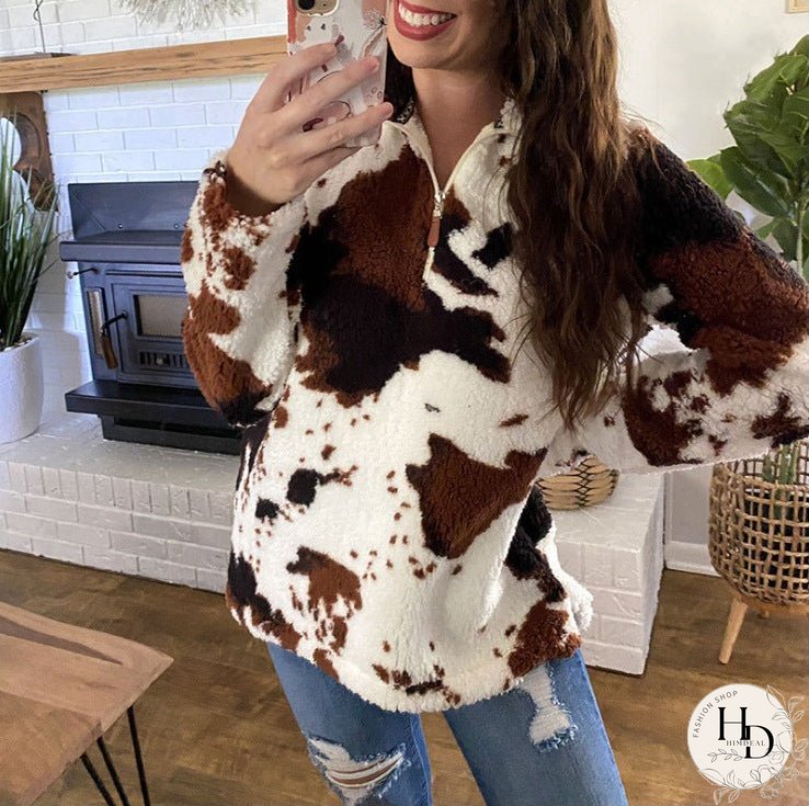 New Autumn and Winter Leisure Fashion Plush Coat Female Cow Printed Zipper Sweater