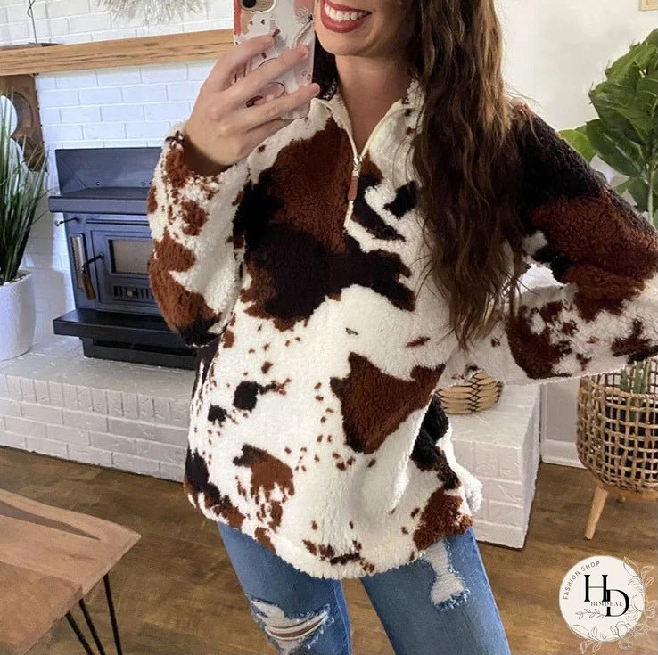 New Autumn and Winter Leisure Fashion Plush Coat Female Cow Printed Zipper Sweater
