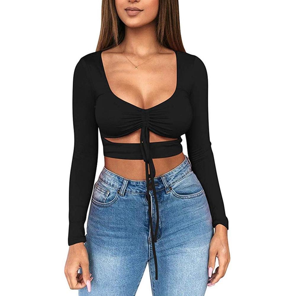 Solid Color Sexy Women Ruched Tie Up Crop Top Basic Long Sleeve Cut Out T-Shirt