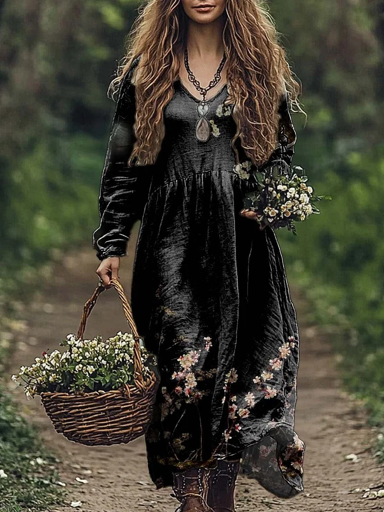 Women's Retro Floral Print Pocket Cotton Dress