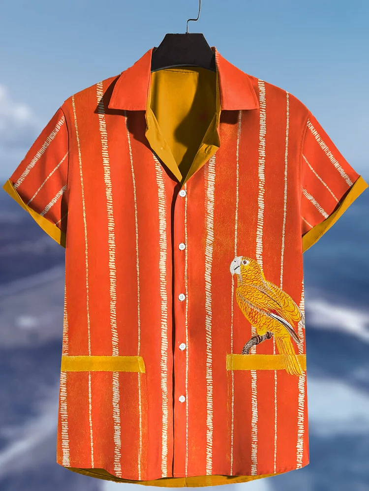 Men's Vacation Style Stripes Bird Print Short Sleeve Shirt