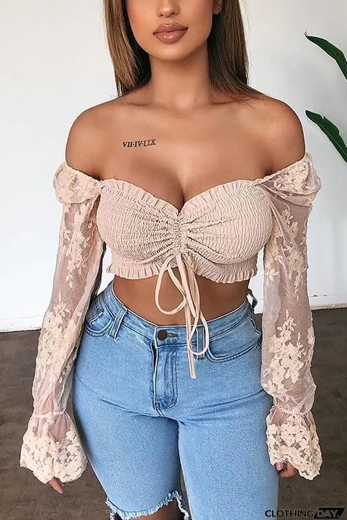 Shirring Detail Frill Hem Leaf Pattern Mesh Top