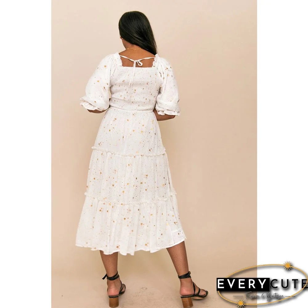 White Square Collar Pleated 1/2 Sleeve Floral Dress