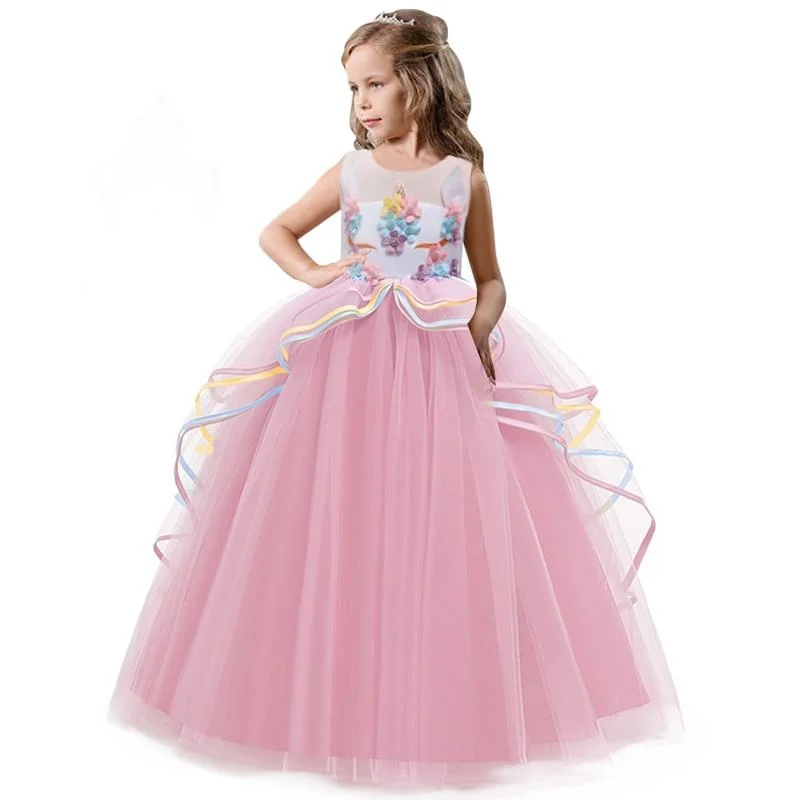 Fancy Baby Girl Rainbow Unicorn Girls Dress Party Elegant Children Kids Long Tutu Gown Princess Dresses Teen Girl 10 12 14 Years