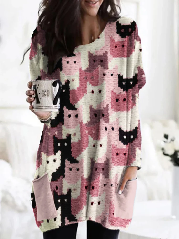 VChics Crowded Cats Pink Knit Art Cozy Tunic