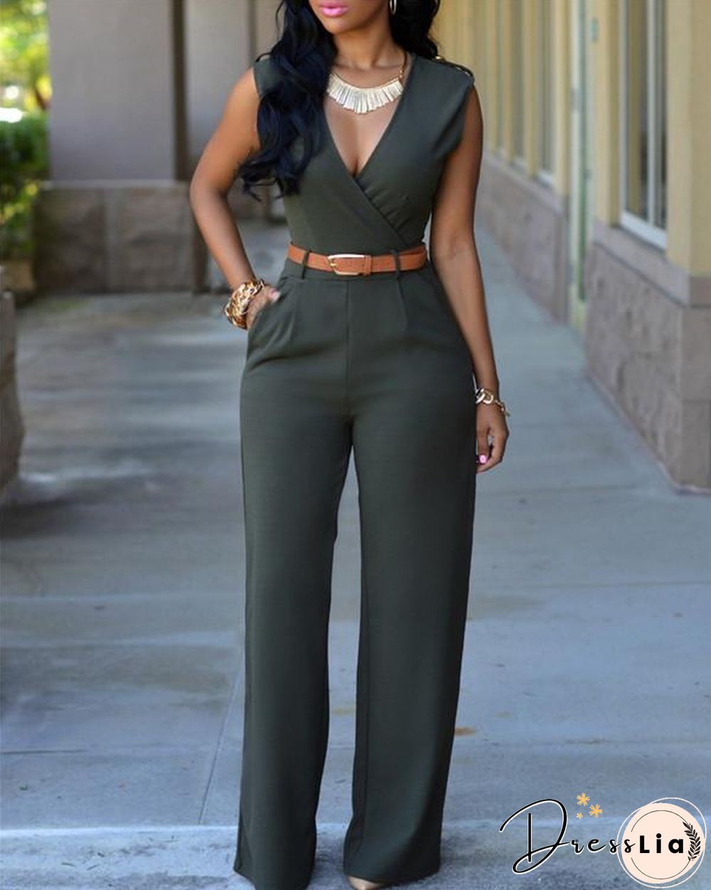 V Neck Solid Casual Short Sleeve Jumpsuits