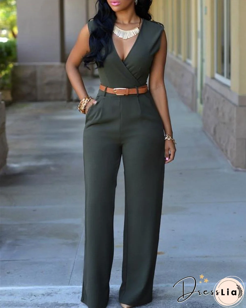 V Neck Solid Casual Short Sleeve Jumpsuits