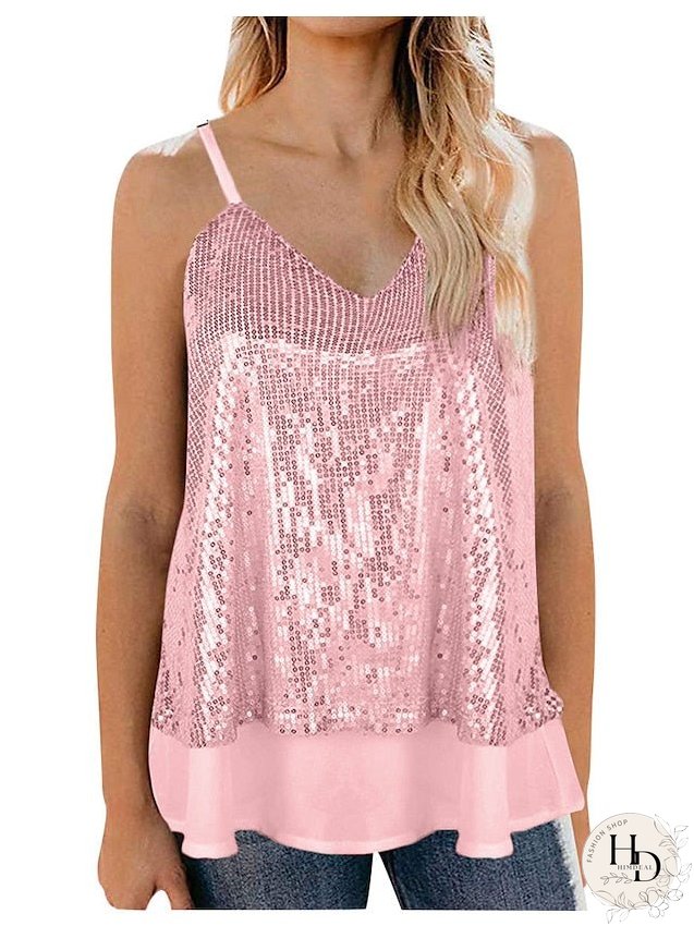 Camisole Tank Top Vest Black White Yellow Sparkly Sequins Layered Sleeveless Stage Streetwear Sexy V Neck Regular S for Women