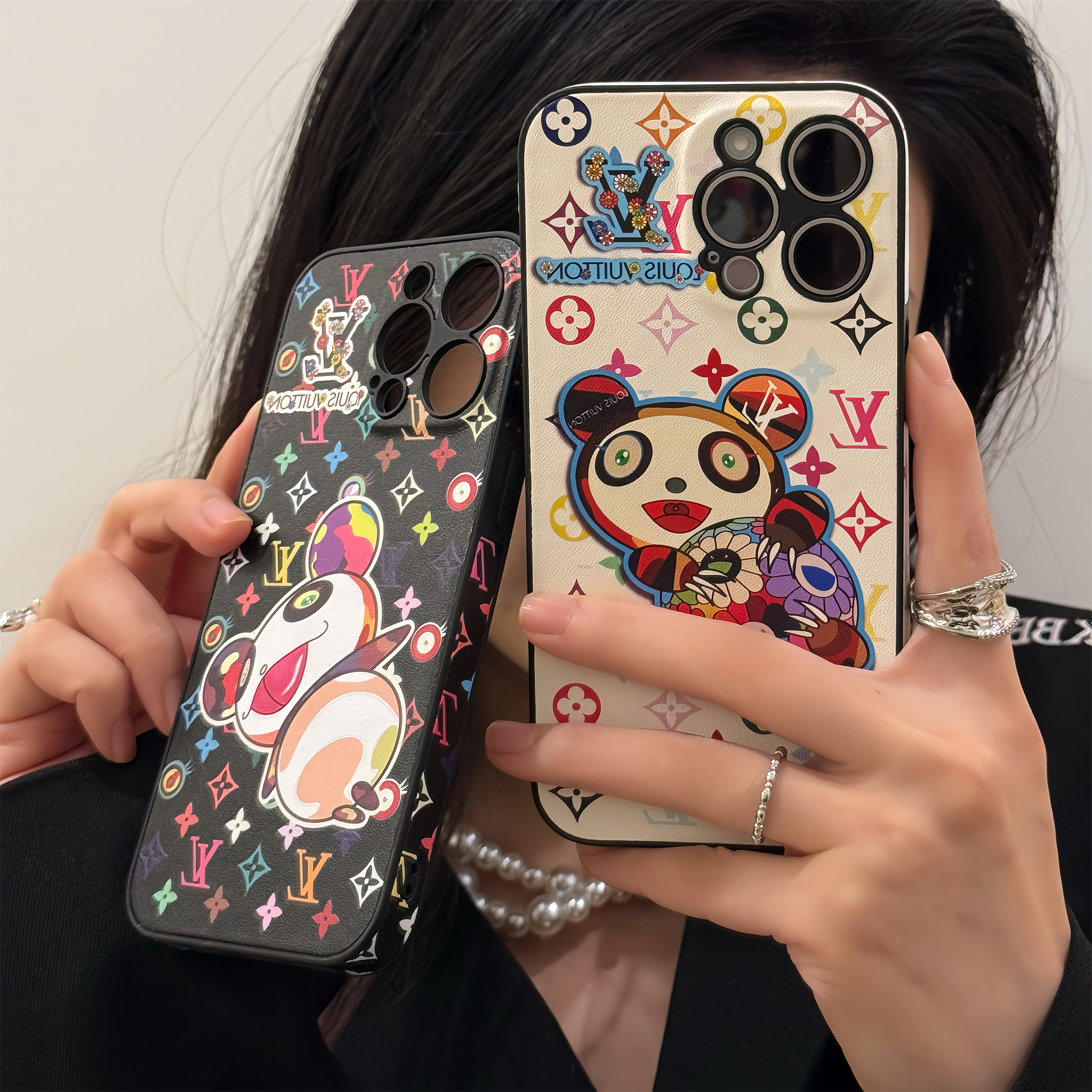 Louis Vuitton x Murakami Canvas Leather Cartoon Panda Apple iPhone Case