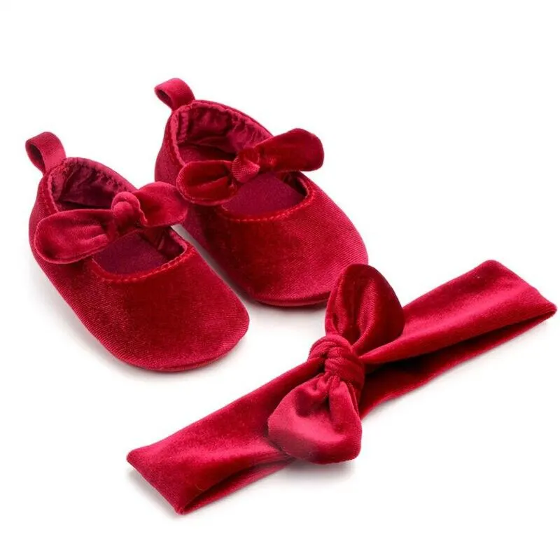 Newborn Baby Boy Girl Velvet Bowknot First Walkers Casual Shoes Soft With Hairband Infant Solid Anti Slip Princess Shoes