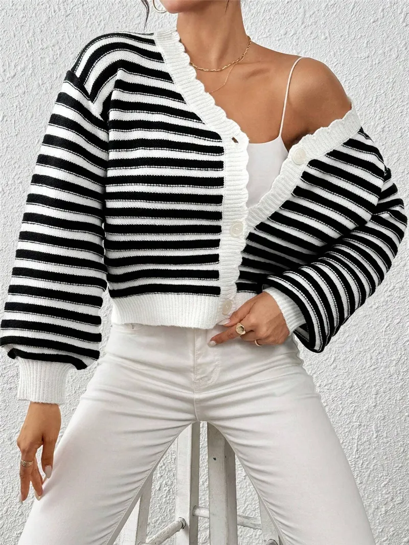Athvotar Athvotar R-Shirt 2025 Autumn And Winter Sweater Coat Women's Rainbow Striped Lantern Sleeve