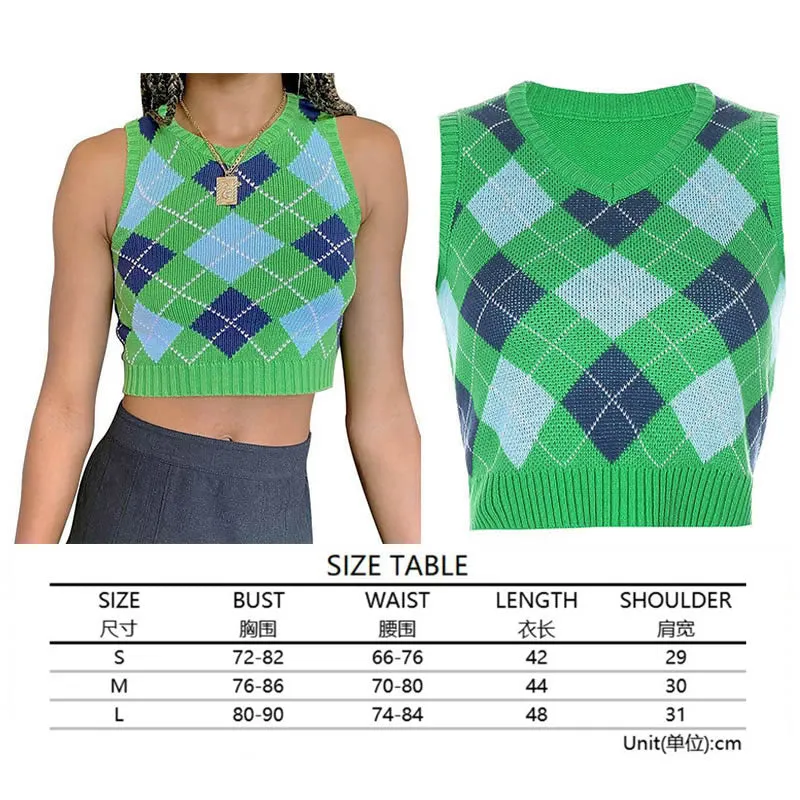 Argyle Sweater Vest Women  Black Sleeveless Plaid Knitted Crop Sweaters Casual Autumn Preppy Style 2020 tops V Neck Vintage