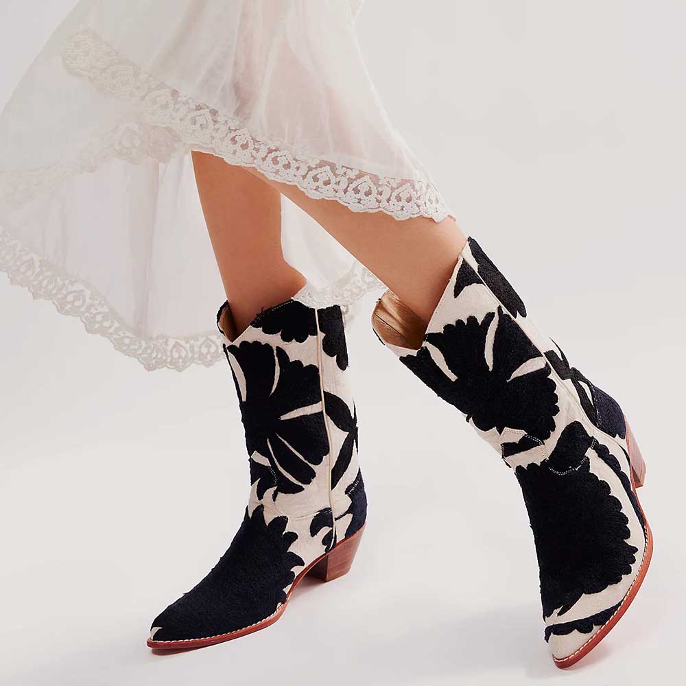 Black & White Pointed Toe Botanical Detail Western Mid-Calf Boots