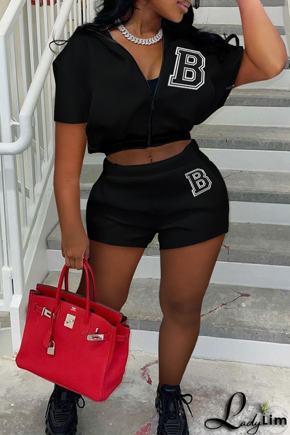 White Casual Patchwork Zipper Short Sleeve Two Pieces