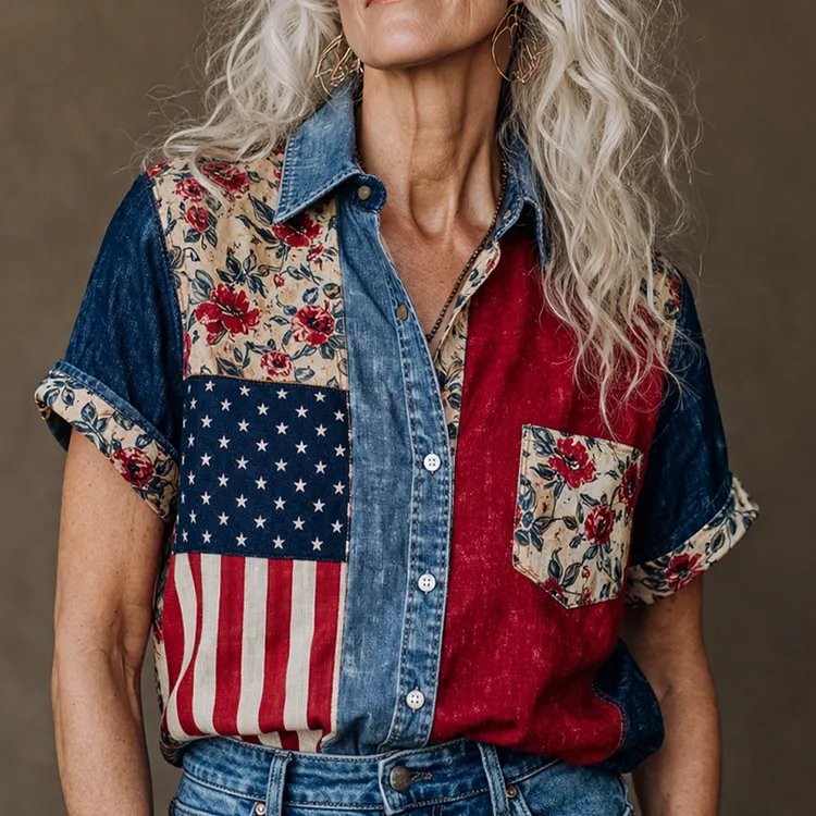 U.S. 250th Anniversary Flowers Boho Art Print Casual Shirt