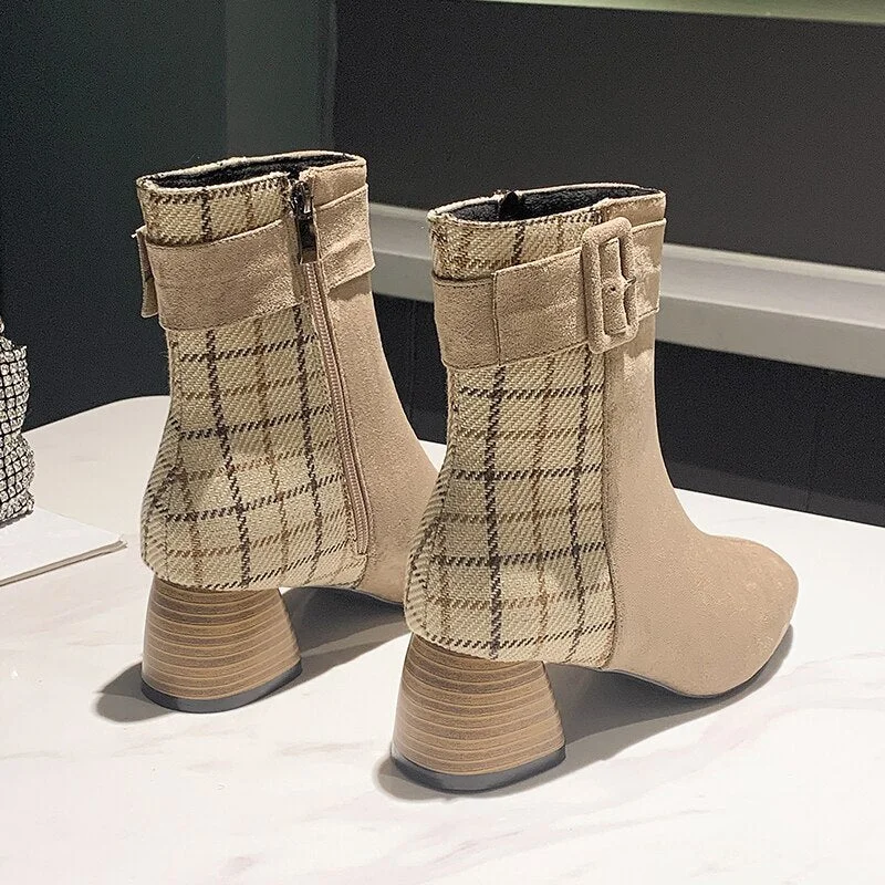 2021 New Women Modern Boots Fashion Plaid Zipper Ladies Ankle Boots Leisure Suede Black Pointed Women's Shoes