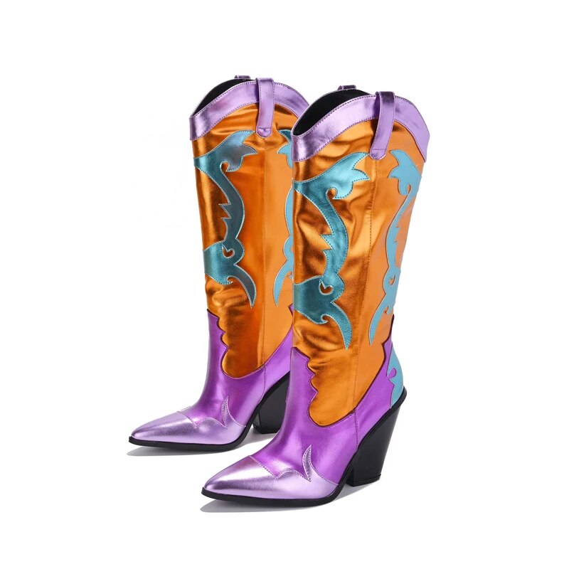 Woman Patchwork Boots Metallic Patent Leather Shiny Western Cowboy Boots Pointed Toe Wedges Shoes