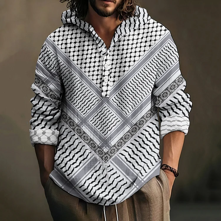 Men's Be Free And Peace Forever Print Casual Linen Hooded Shirt
