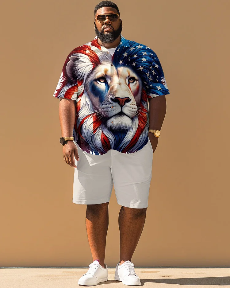 Men's Plus Size Independence Day Flag Lion Print Short Sleeve Shirt Shorts Suit