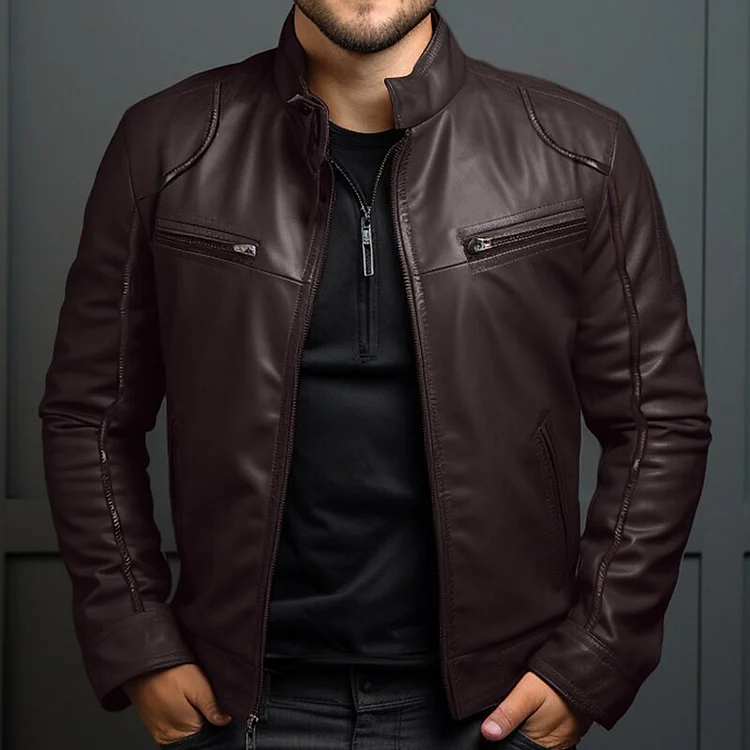 Men's Casual Daily Solid Zipper PU Leather Stand Collar Jacket